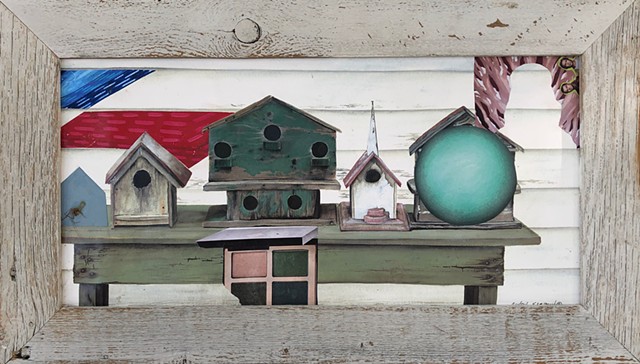 Blue, red, white, and pink collage on top of photo of birdhouses