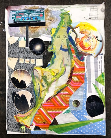 Abstract collage depicting a nude woman in her surroundings