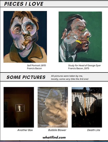 Steven Tannenbaum's Map of the Moment MOTM #37 Page 2 includes a Francis Bacon self portrait from 1970 and also a portrait he did of George Dyer in 1975, plus 3 pictures Steve took: a frame, paint that looks like a person, and a shadow looking like the gr