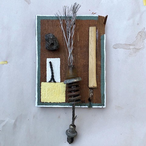 This found object collage painting has, in this version, The Muffin Man going to THE FOREST and being awestruck
