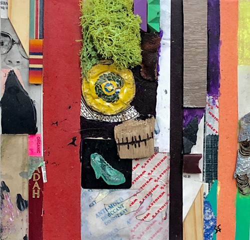 A found object sculpture by Steven Tannenbaum, this piece uses paint, objects, paper, and other mixed media to create a balanced and lively, colorful, small square image