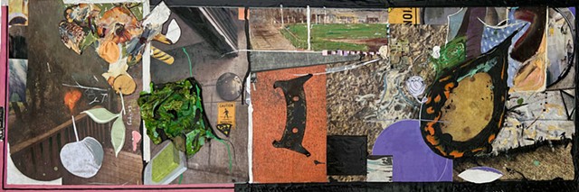 A green, orange, purple, and black mixed media collage painting depicting a mouth with speech bubble, an abstract runner, and fall