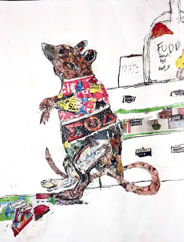 A torn paper collage featuring a rat in a frat with Fudd beer