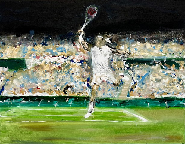 A messy expressionist piece of Roger Federer hitting a backhand at Wimbledon