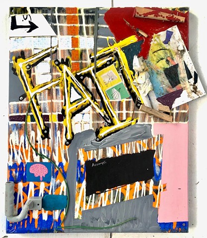 A mixed media sculpture painting with objects, paper, and pink, yellow, and red paint