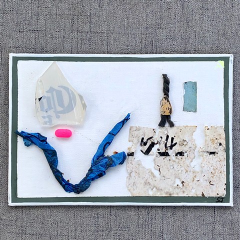 This found object collage painting is made with the theme of The Muffin Man 