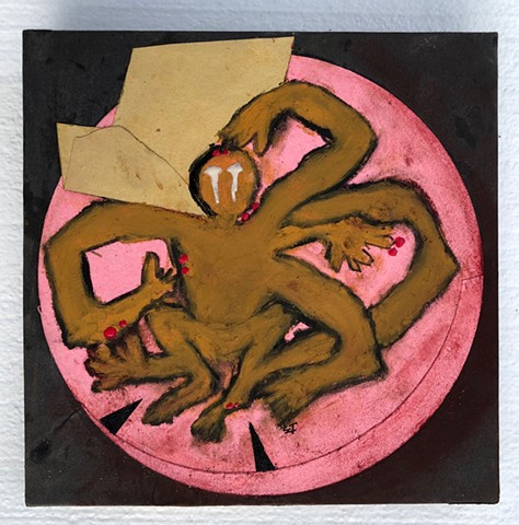 A black and pink collage painting showing a tan spider or a monkey with many arms scratching its body and yellow triangles pointing