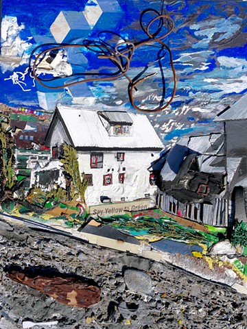 This modern assemblage art piece by Steven Tannenbaum of The Art of Everything TAO-e uses all sorts of found objects: stone, wood, leaves, branches, collage, and balloon, along with acrylic paint, pen, and pencil to depict a scene with a house, the sky, a