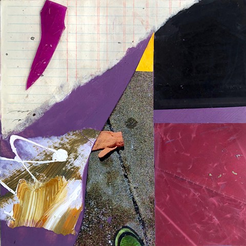 An abstract collage painting with black and pink highlights and solid blocks of color