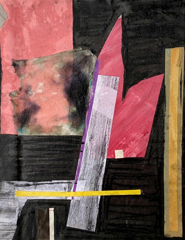 An abstract collage painting with the colors pink, black, yellow, and white - simple, clean, minimal
