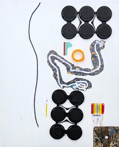 A white, black, red, and yellow Abstract Placing painting using found objects and paper to fit together in harmony and balance