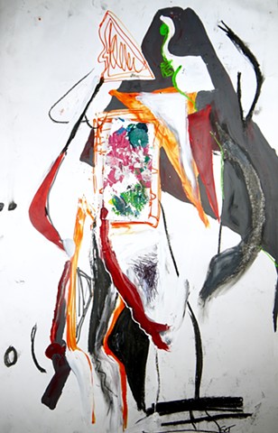 Acrylic abstract figure painting by Steven Tannenbaum on paper with mixed media and collage 