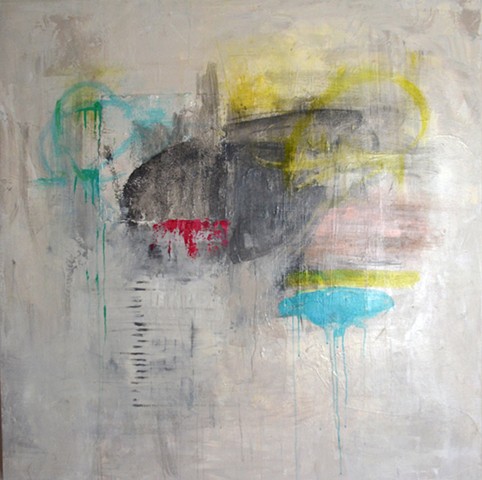 acrylic, charcoal and paper on canvas