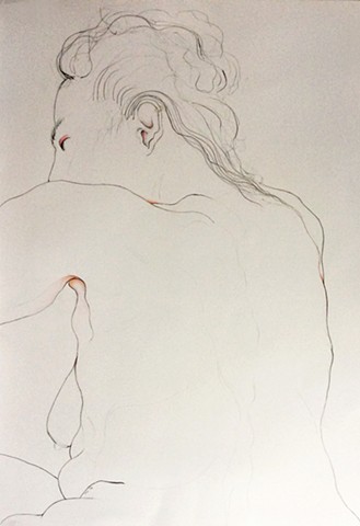 drawing of nude with pink notations in watercolor