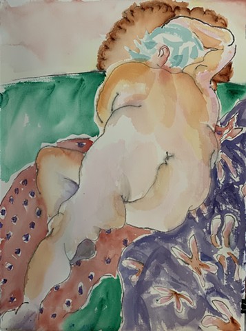 watercolor of nude with brown pillow