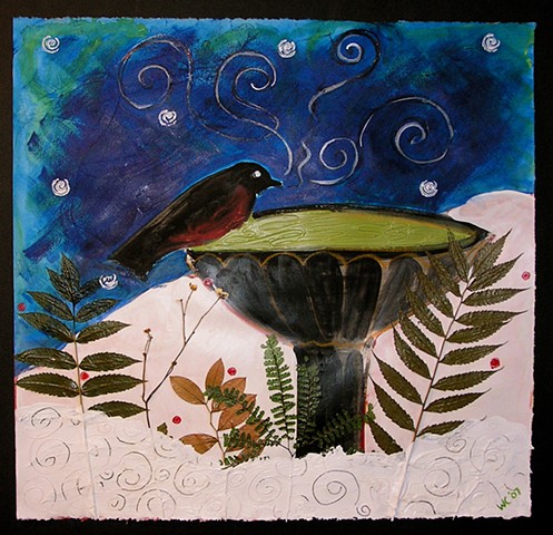 Winter Bird Bath SOLD (prints and cards available) available