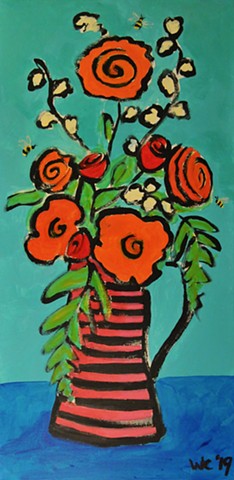 striped vase with flowers SOLD