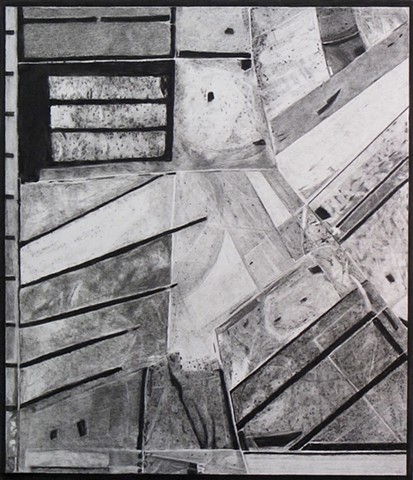 Formalist abstract charcoal drawing referencing satellite image from Google Earth.