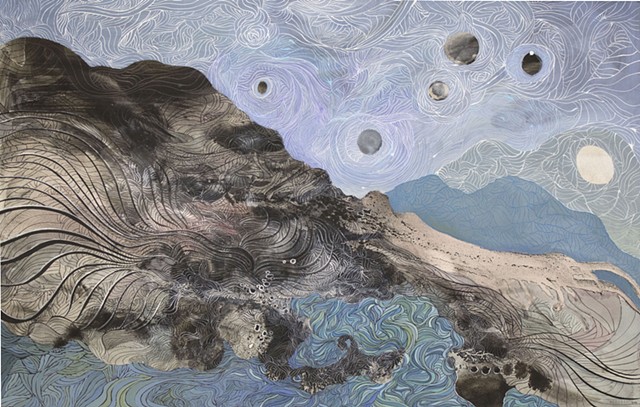 Artwork of Moonscape with planets in sky by Donna Backues