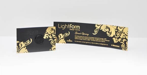 LIghtForm Grande Opening Invitation

Created in collaboration with Little H Design Works

Matte Black paper with Gold Foil sealed with wax stamp embossed with LightForm (LF)
