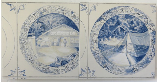 trompe l'oeil paintings of delft style tiles with contemporary scenes