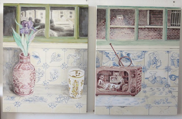 trompe l'oei paintings of faux Delft-style tile, still life and vignettes of contemporary scenes/life by Maine artist, Kathy Weinberg