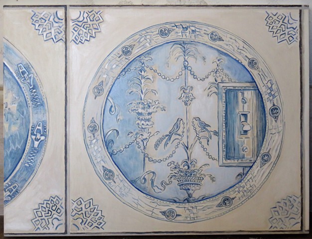 trompe l'oeil paintings of delft style tiles with contemporary scenes. Maine artist, Kathy Weinberg