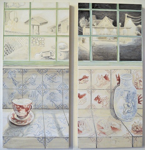 trompe l'oeil paintings of delft style tiles with contemporary scenes