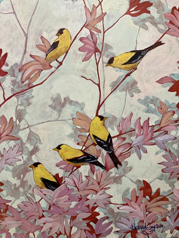 Goldfinches in the Magnolia