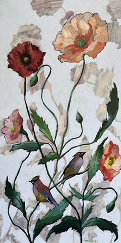 Cedar Waxwings & Poppies