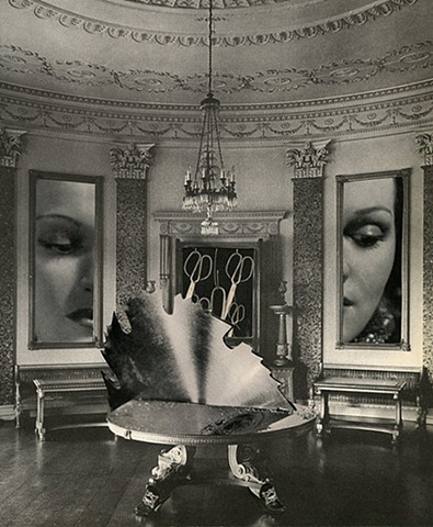 surreal collage interior with woman cut in half