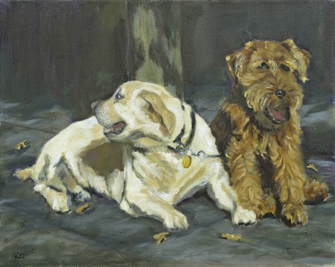 Oil painting of Lab and Airdale dogs by Karla jo Renee