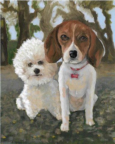 Oil painting of beagle and bichon frise dogs by Karla jo Renee