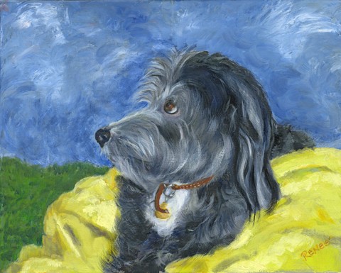 Oil painting of mixed breed dog bun Karla jo Renee 