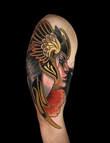 Neotraditional lady head tattoo Valkyrie helmet wings male upper arm tattoos for men 