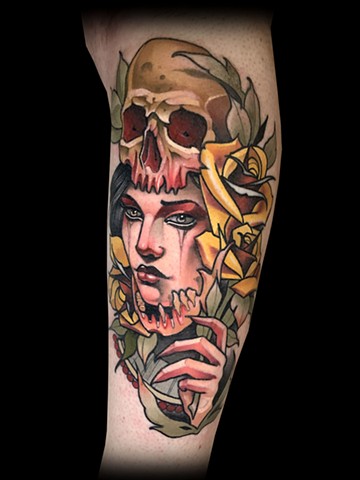 neotraditional lady head tattoo NYC yellow rose skull headdress