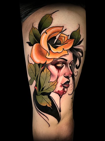 neotraditional lady head tattoo NYC yellow rose 