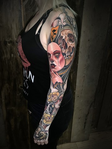 neotraditional tattoo sleeve  by matt truiano skull reaper lady head 