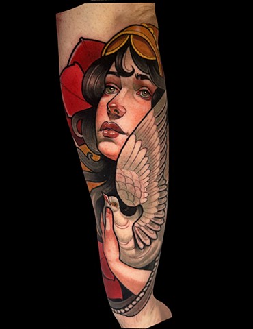 New York City nyc Neotraditional lady head angel art nouveau woman face dove tattoo for men