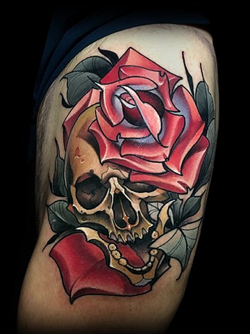 Neotraditional skull rose tattoo by Matt Truiano 