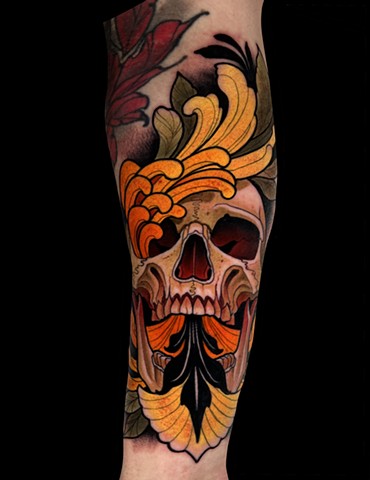 NYC New York City tattoo artist skull floral neotraditional art nouveau bright colorful tattoo for men 