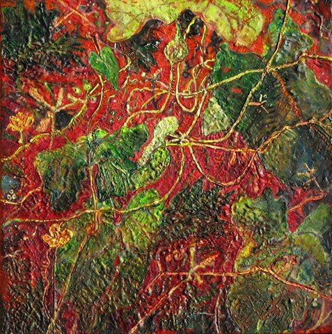 Oil an Encaustic painting of Invasive plants in the garden