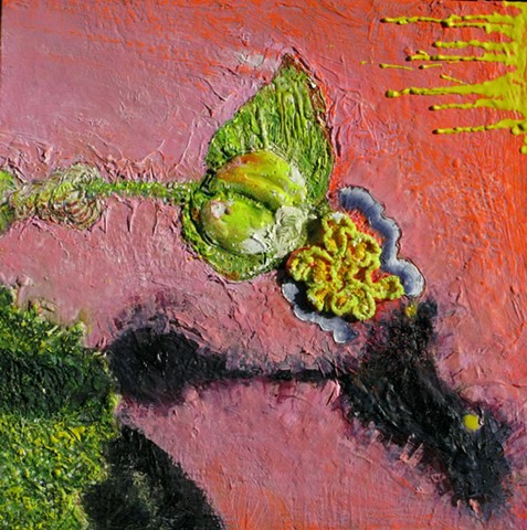 Oil and Encaustic painting with a thin bright yellowish green fabric strip of a Tuberous Begonia