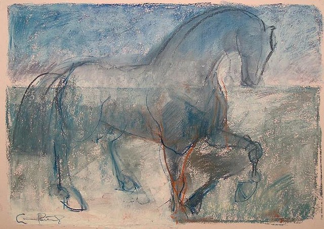 horses, pastel, blue, landscape