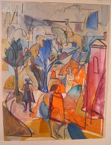 figures,narrative, abstract landscape, red