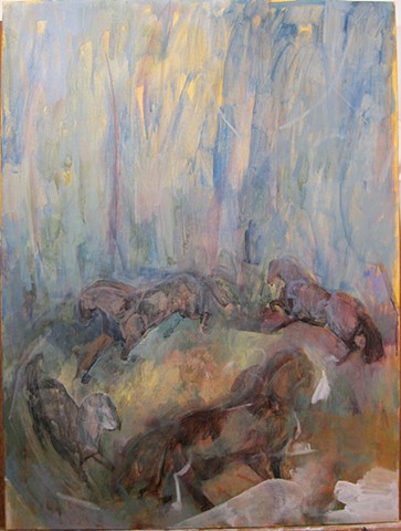 Fine Art Painting, Deep veridian greens with abstract mythical equines