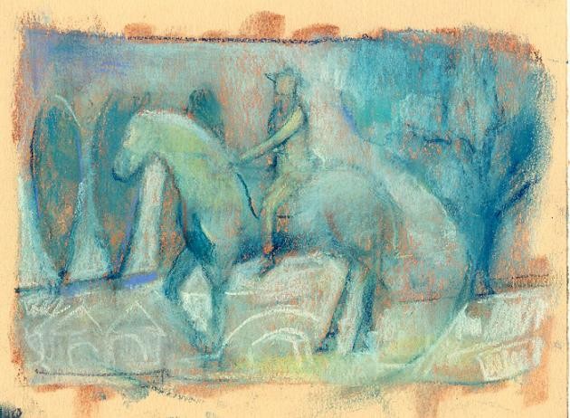 horses, landscape, blue