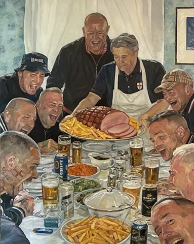 This painting has been quite an ambitious undertaking both in scale and complexity. Here I have tried to create a dysfunctional, culturally specific version of Norman Rockwell’s Thanksgiving. I am a big fan of William Hogarth’s paintings that are often scolding satires on the people and social stratifications of his time. Remaining within this tradition, I have used visual whilst emphasising grotesque cultural stereotypes, in an attempt to distill something of the times I live in. 