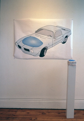 '1973 Trans Am with Silicone Buttock Implant, and Silicone Buttock Implant on Plinth with Fake Louis Vuitton Fabric Slipcover' 