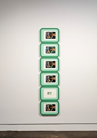 Tom Selleck stack with image of found Excel gum pack photographed and printed to scale, the colours of which determined the colours of the frames
